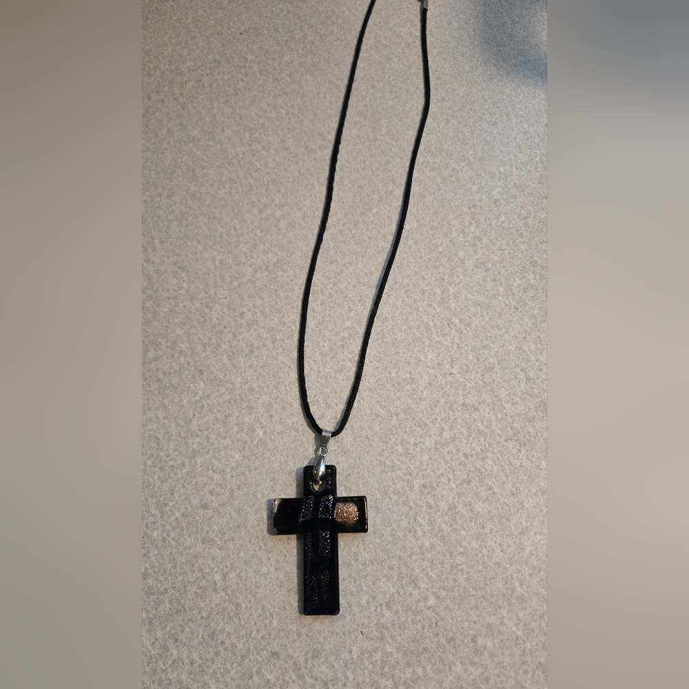 Beautiful Black Cross Necklace With Glitter Details On One Side